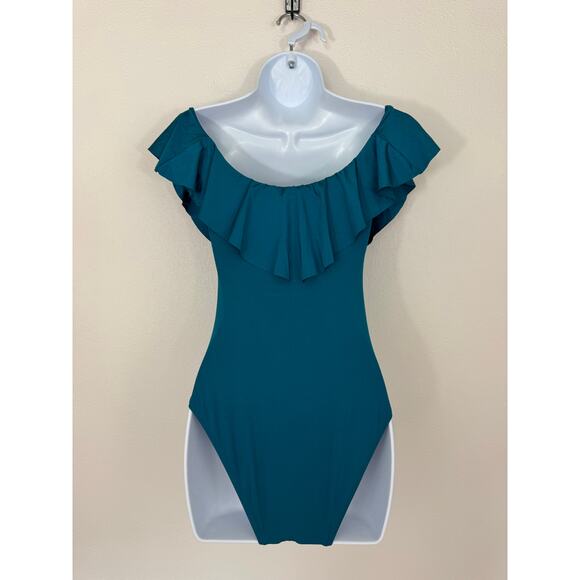 Trina Turk Off Shoulder Ruffle One Piece Swimsuit Teal Blue Size 6 - Picture 3 of 7